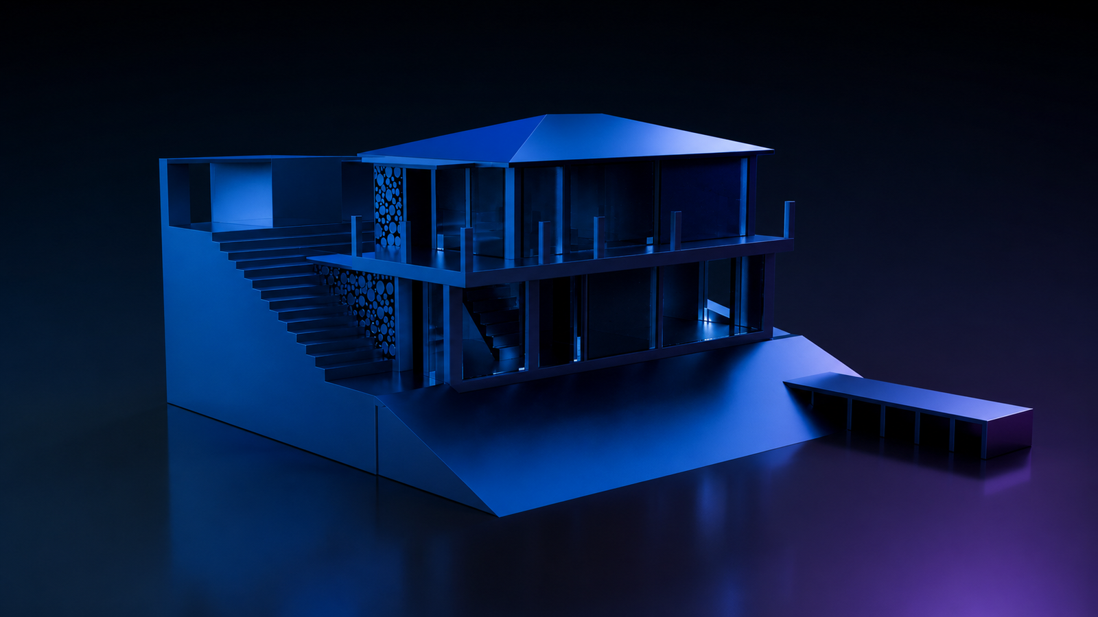 Blaues CAD-Rendering eines Architekturmodells